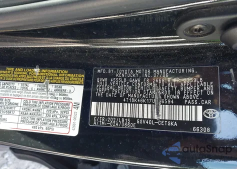 2007 Toyota Camry Se V6 из США, поврежденный, VIN 4T1BK46K17U516594